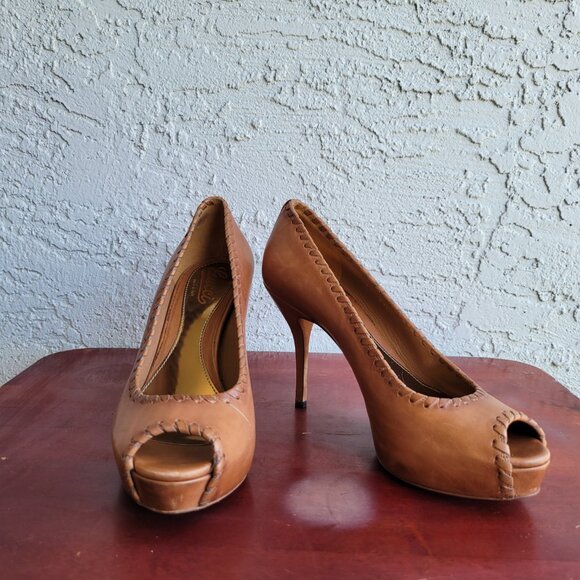 Gucci Brown Leather Whipstitch Peep-Toe Platform Pumps Size EU 37.5 (US 7-7.5) - Picture 7 of 13